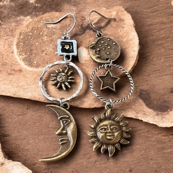 Boho Celestial Charm Earrings - Bronze and Silver toned Bohemian Boho Celestial - Picture 10 of 17